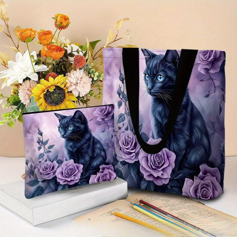 Black Cat with Purple Roses Tote Bag with Makeup Bags Fashion-Forward Durable Shopping Bag Daily Use Cosmetic Pouch image 6