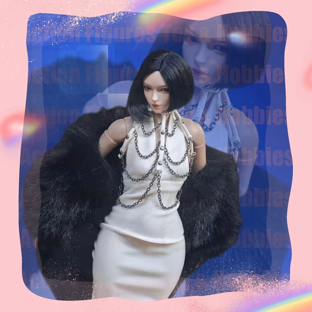 

【Только одежда】Женское сексуальное белое тонкое платье длиной до бедра в масштабе 1/6 с черной меховой шалью для 12-дюймовой модели тела фигурки