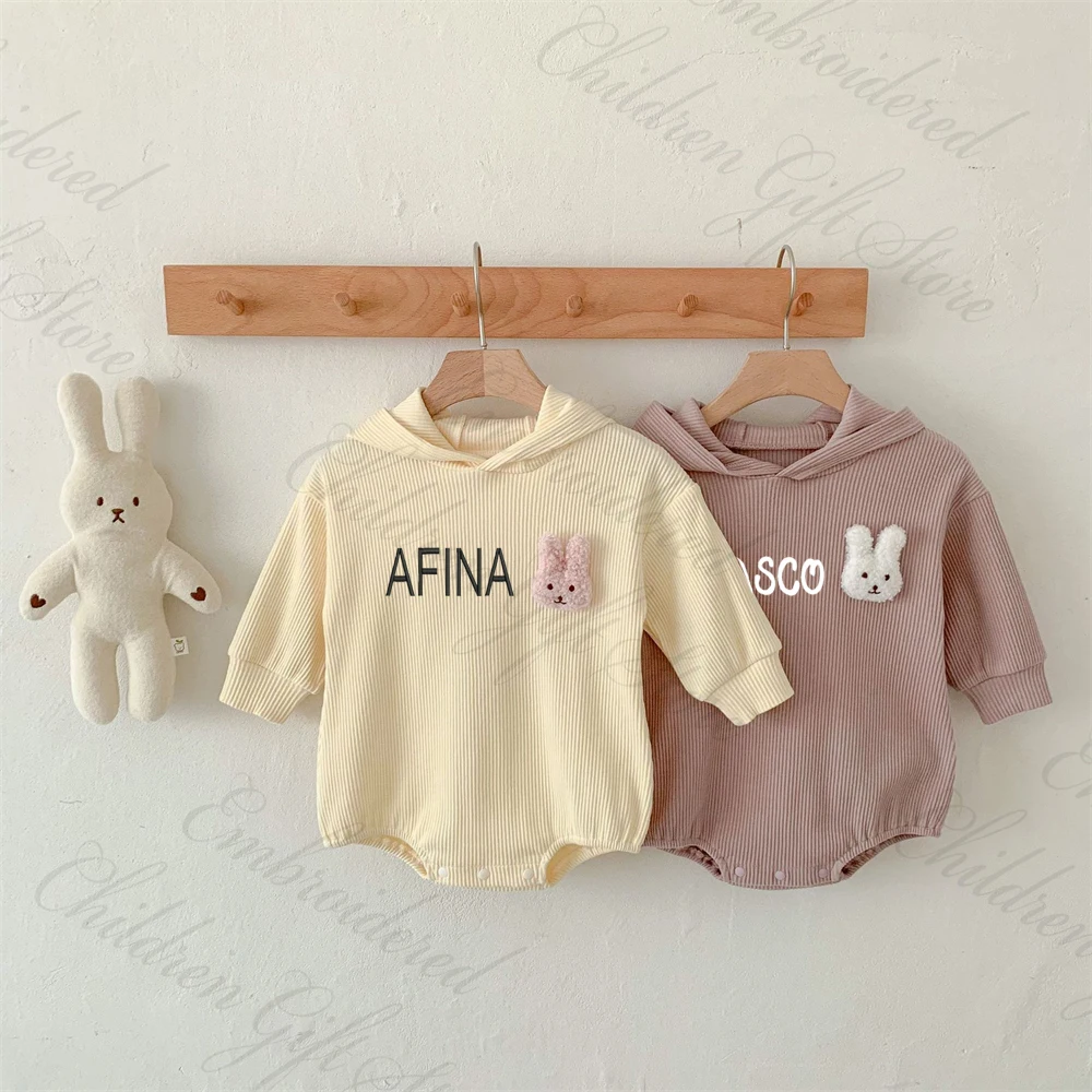 0-2 Year Old Cute Rabbit Baby Jumpsuit Personalized Name Long Sleeve Baby Autumn Hooded Romper Baby Shower Gift Suit with Names