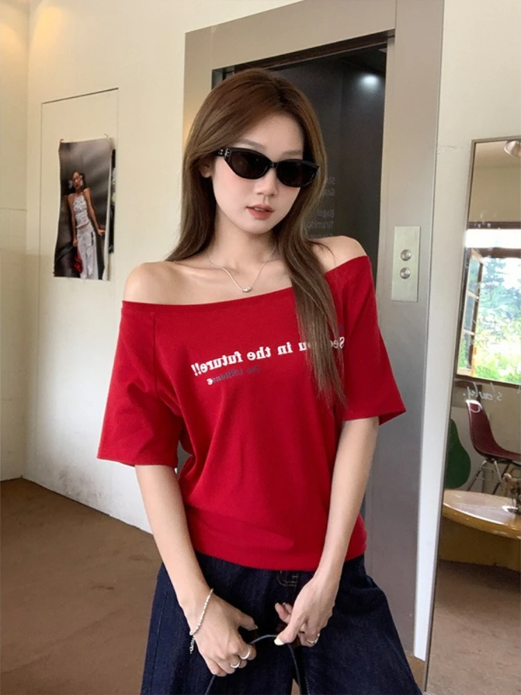 

Ietter Printing Dew Shoulder Short Sleeves T-shirt Women Summer Korean Style Leisure Tops Lady Simple Versatile Loose T-shirt