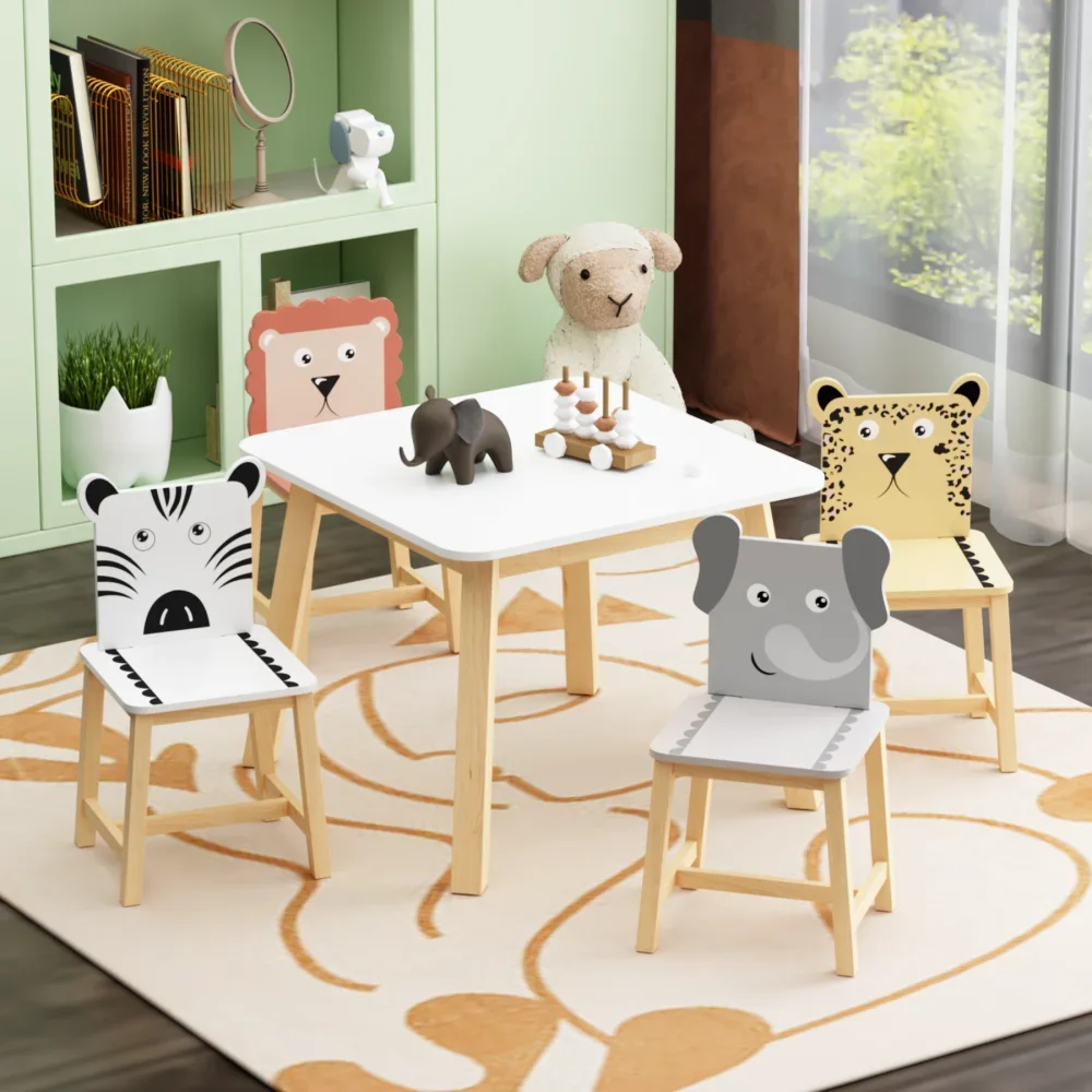 

5 Piece Kiddy Table and Chair Set , Kids Wood Table with 4 Chairs Set Cartoon Animals (bigger table) (3-8 years old)