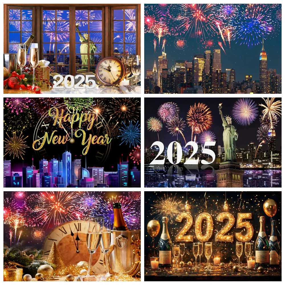 

2025 Happy New Year Photography Backdrop Fireworks Champagne New Year's Eve Christmas Family Party Decor Background Photo Studio