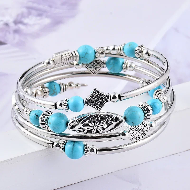 2023 New Natural Turquoise/Tiger Pattern Wrapped Bracelet Multi layered Natural Stone Bead Bracelet for Women and Men's Jewelry