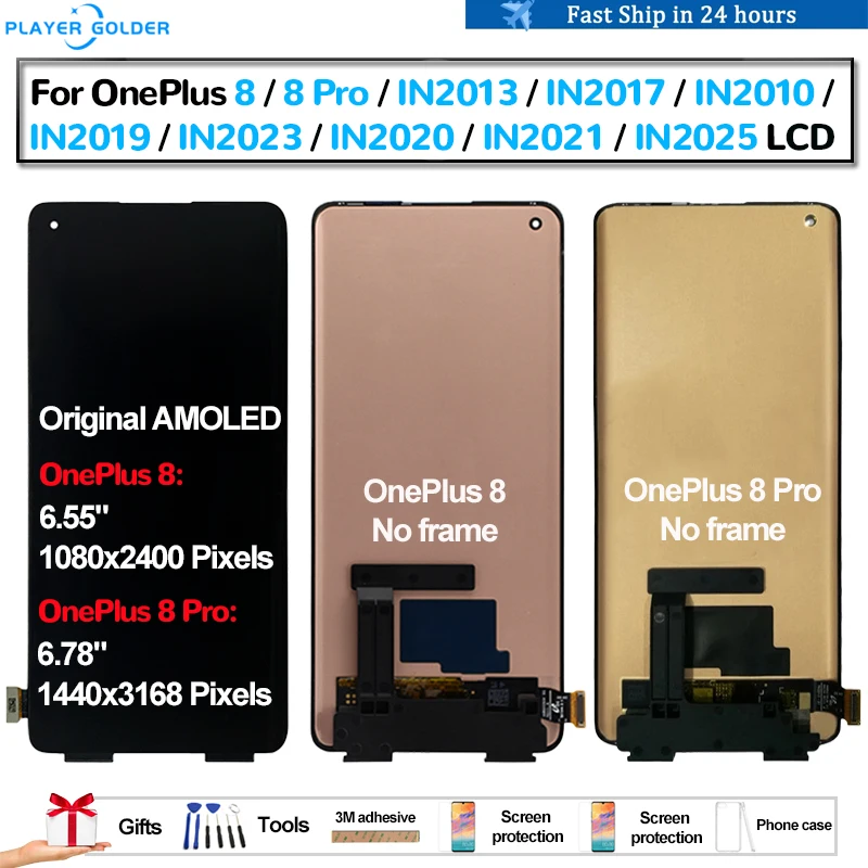 Original AMOLED For OnePlus 8 8 Pro IN2013 IN2017 IN2023 Pantalla lcd Display Touch Panel Screen Digitizer Assembly Replacement