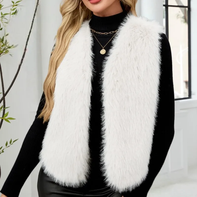 

Меховые пушистые длинные пальто без рукавов, верхняя одежда, женский жилет из искусственного меха с v-образным вырезом в стиле ретро, 2025 г., зимние утепленные жилеты свободного размера, куртки