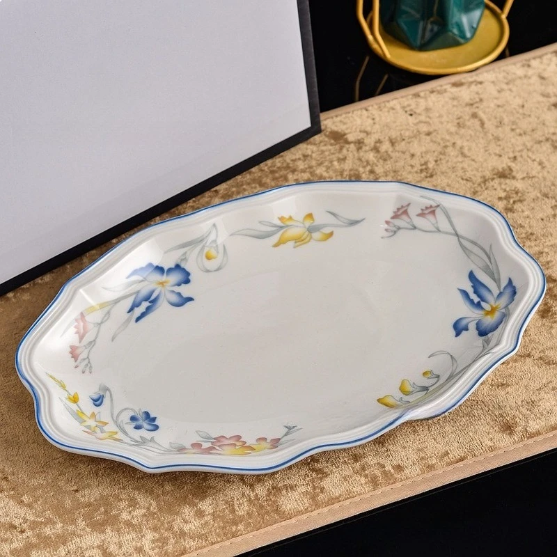 German Iris Flower Porcelain Coffee Cup Saucer Water Cup Dinner Plate Salad Bowl Fish Dish Soup Bowl Floral Tableware Set Gift