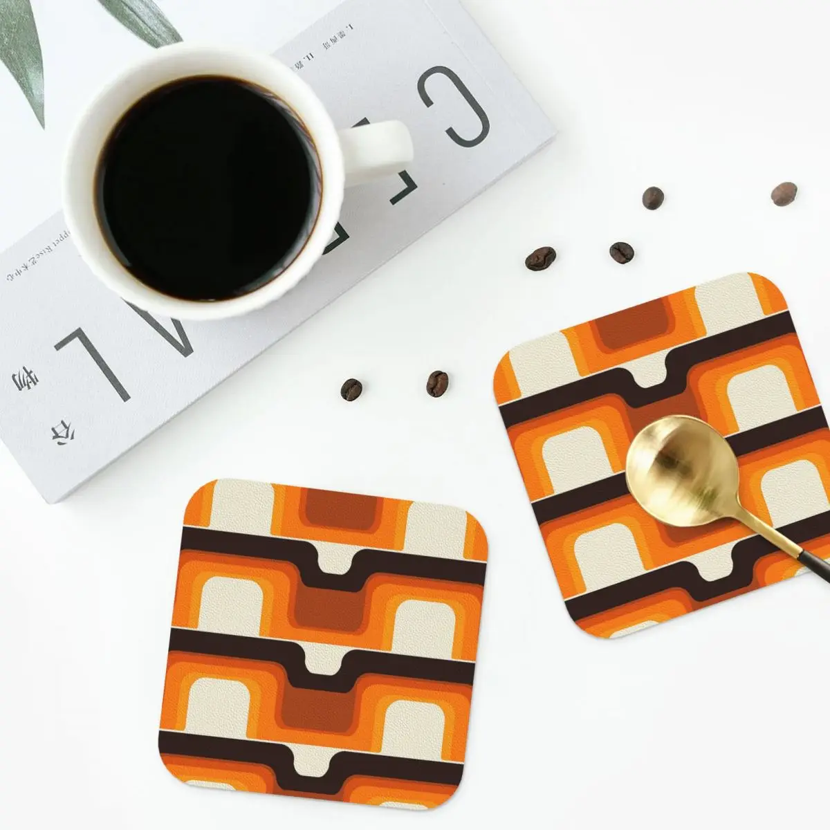 1970s Orange Coasters PVC Leather Placemats Waterproof Insulation Coffee Mats for Decor Home Kitchen Dining Pads 4 Shapes