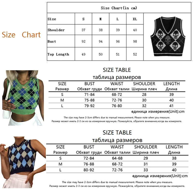 Y2K Gothic Knit Sweater Vest Skull Argyle Print Pattern Knitwear V-neck Pullover Fashion Jumper Top Women Halloween Streetwear