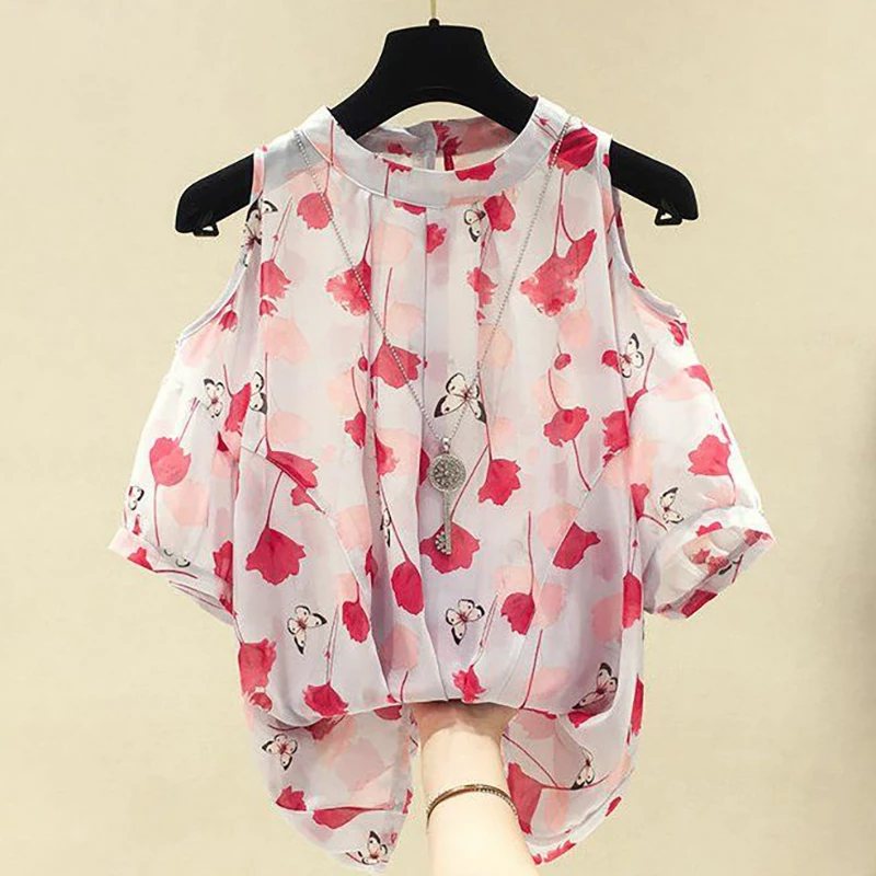 Sweet O-Neck Printed Off Shoulder Floral Chiffon Blouses Female Clothing 2024 Summer New Loose All-match Tops Korean Shirts