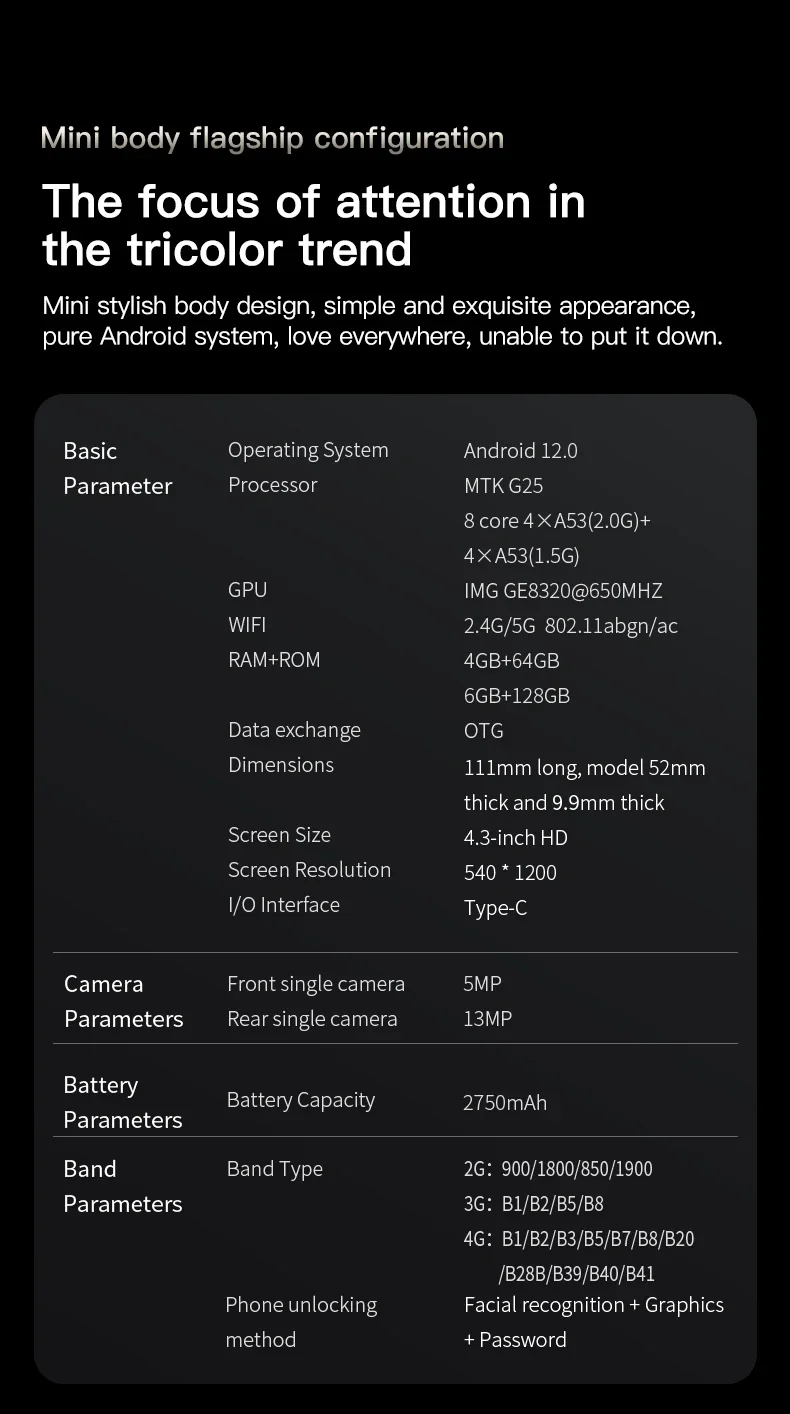 SOYES F9 Max Android 12 Mini Smartphone 4.3 Inch Octa Core 6GB+128GB Phone 2750mAh Type C OTG Small Phone Face ID WhatsApp BT