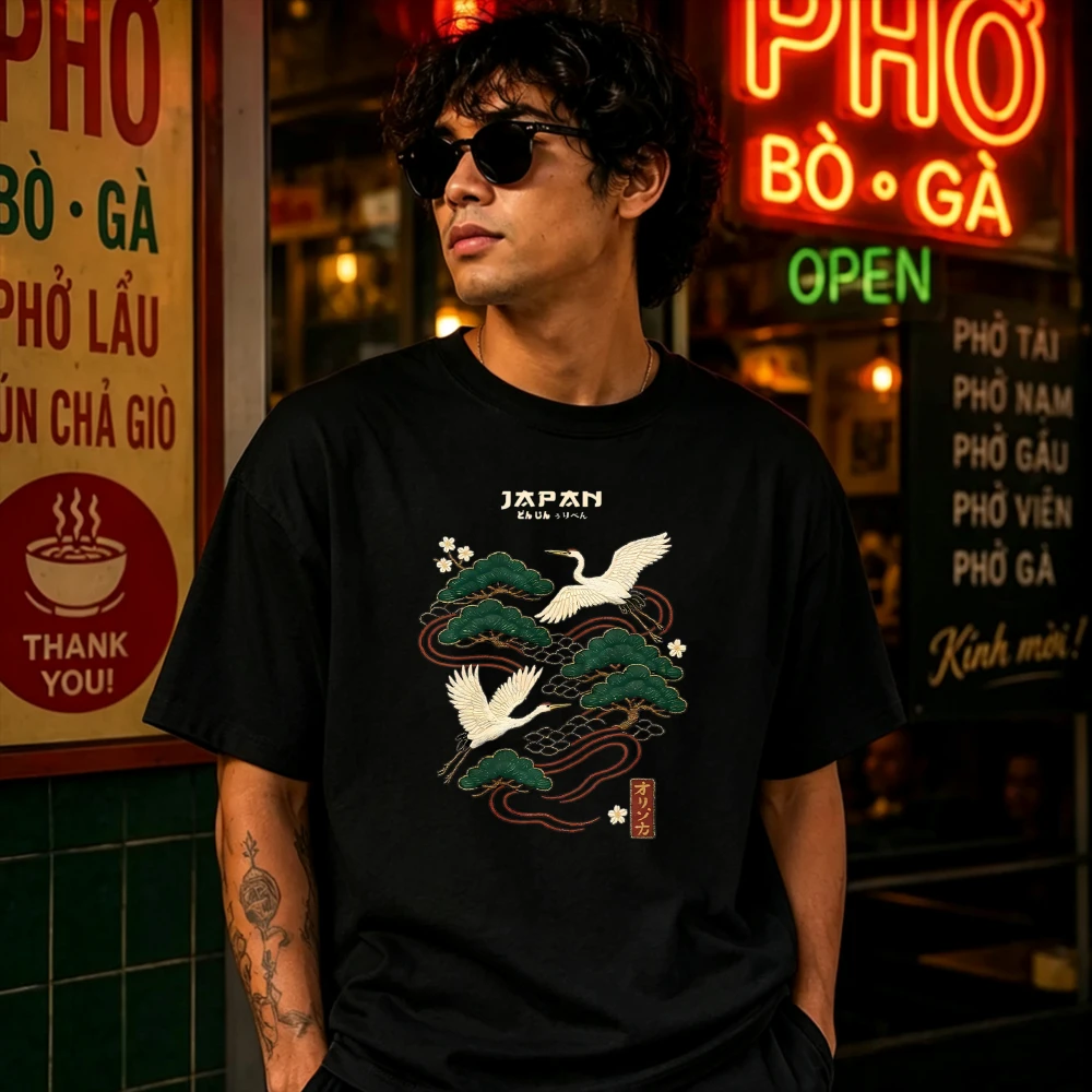 2026 Fashionable Trendy New Funny Japanese Crane Pine Branch Print American Vintage Street Style Unisex Oversized T Shirt