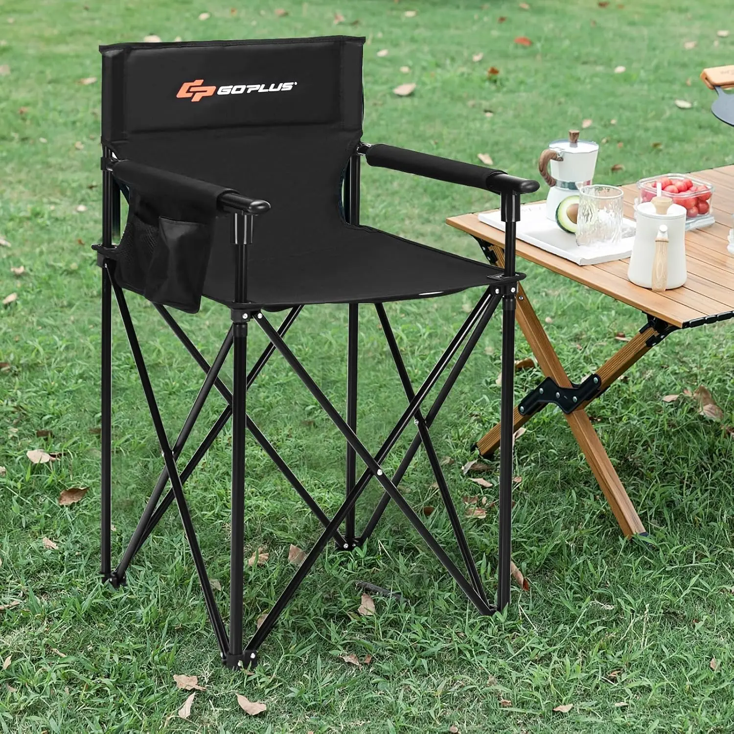 Folding Camping Chair, Outdoor Portable Beach Chair Heightened Design w/Detachable Armrests, Storage Pouches & Carrying Bag