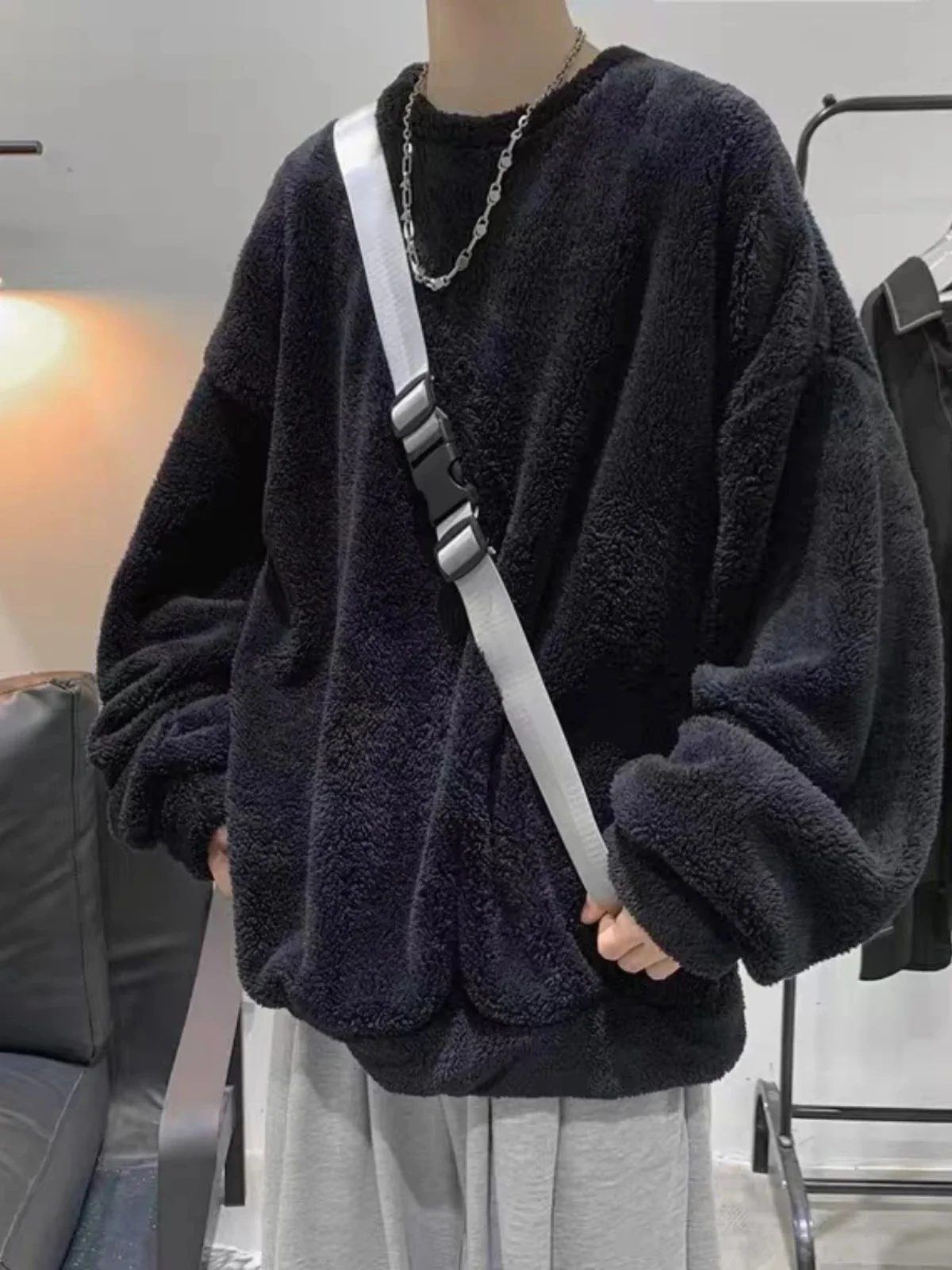 

Thiened Fce Hoodie Sweatirt Men's Soft Plu round Ne Oversize Warm Outerwear for Couples Autumn Winter Knittedwear