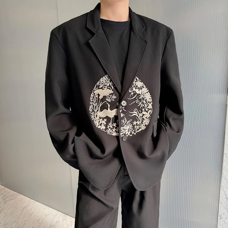 

New Chinese Sle Heavy Embroidery Crane Jaet Men's Loose Fit Suit Coat Early Autumn Faionable Casual Outerwear