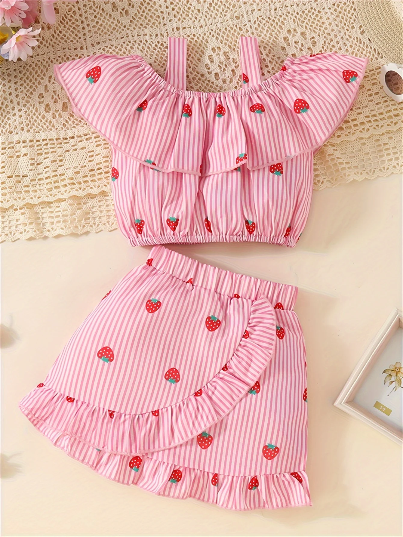 Cute 2-Piece Strawberry Cold Shoulder Top + Short Skirt Girl\'s Set, Summer Going Out Girls Clothes Outfit