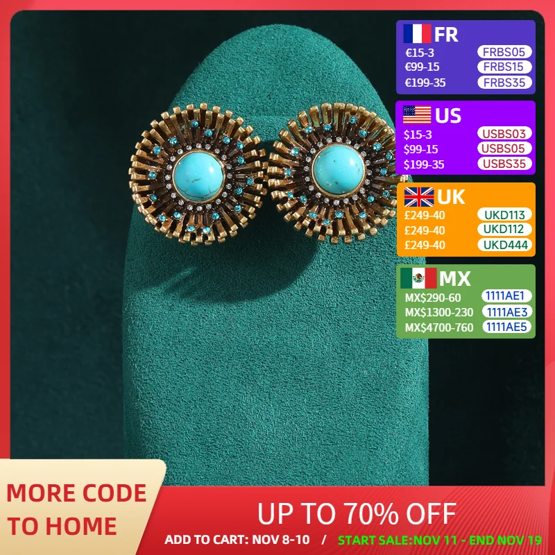 

Round Gold Color Rhinestones Blue Natural Stone Flower Plate Stud Earring Vintage for Woman Antique Designer Jewelry Accessories