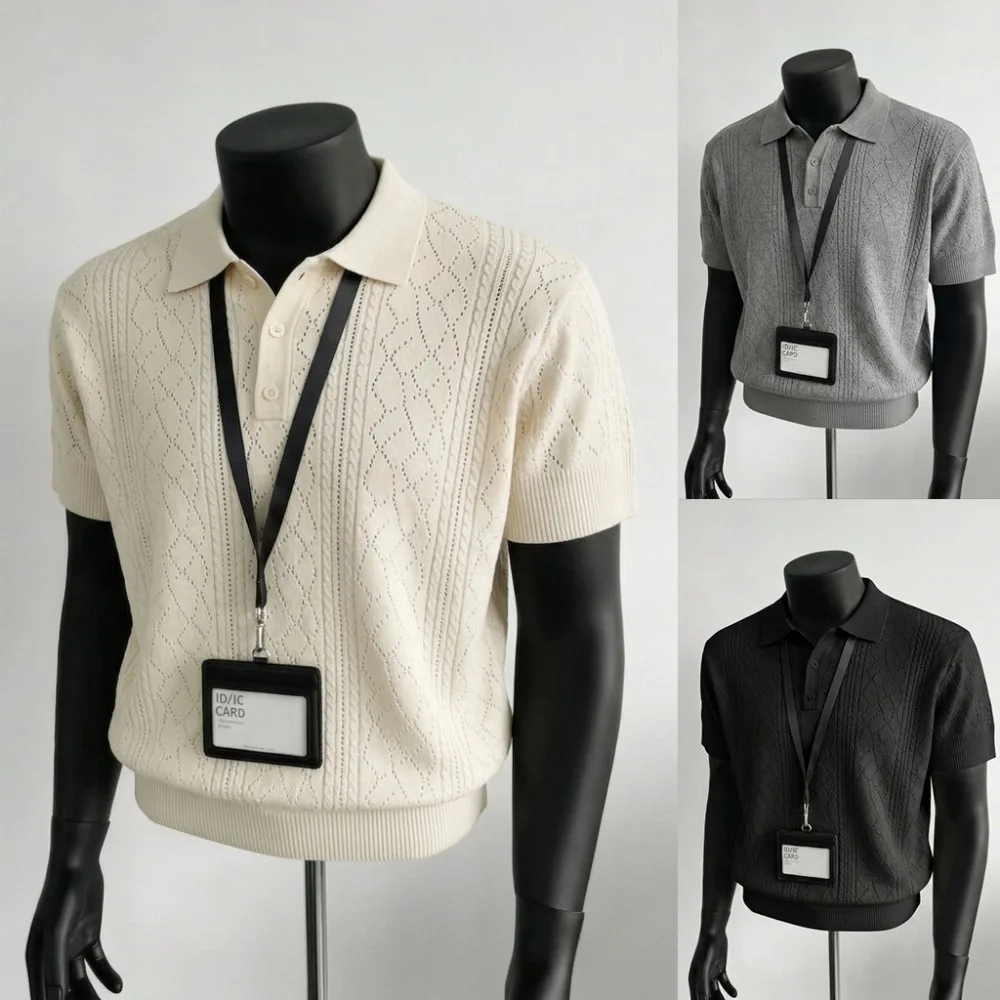 Preppy Daily Men Wear Hollow Cable Knit Short Sleeve Polo Top Lapel Collar Half Button Placket Ribbed