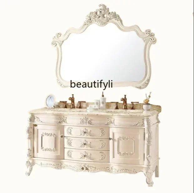 

European bathroom cabinet antique red oak marble light luxury floor double basin bathroom cabinet