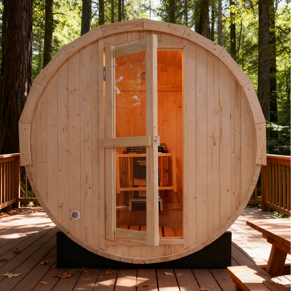 Natural Pine Wood 4 Persons Spacious Home Barrel Sauna Room with Heaters
