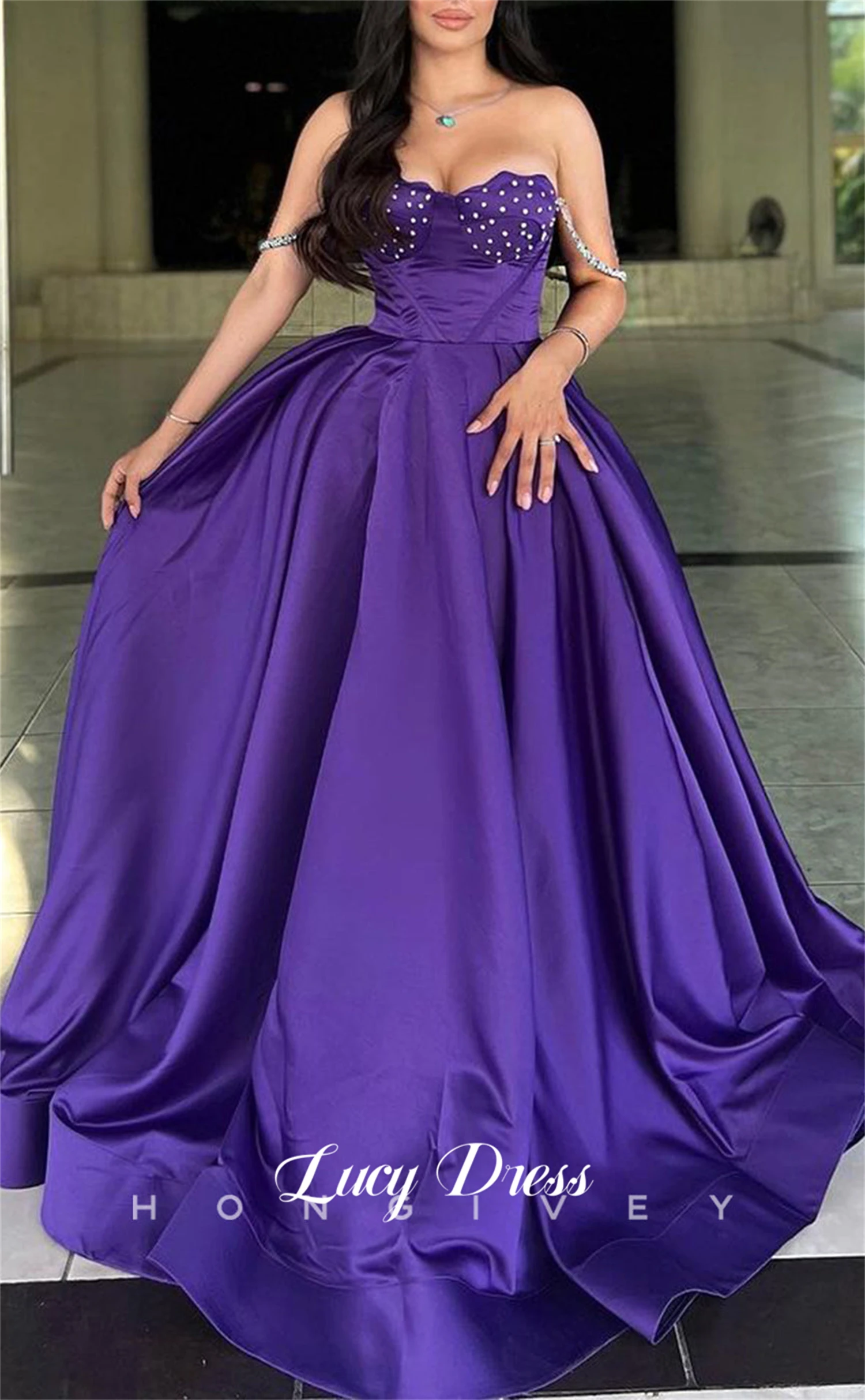 

Lucy Evening Dress Glitter Decoration Purple Line A Ball Gown Grace Satin New in Dresses Woman Elegant Graduation Quinceanera