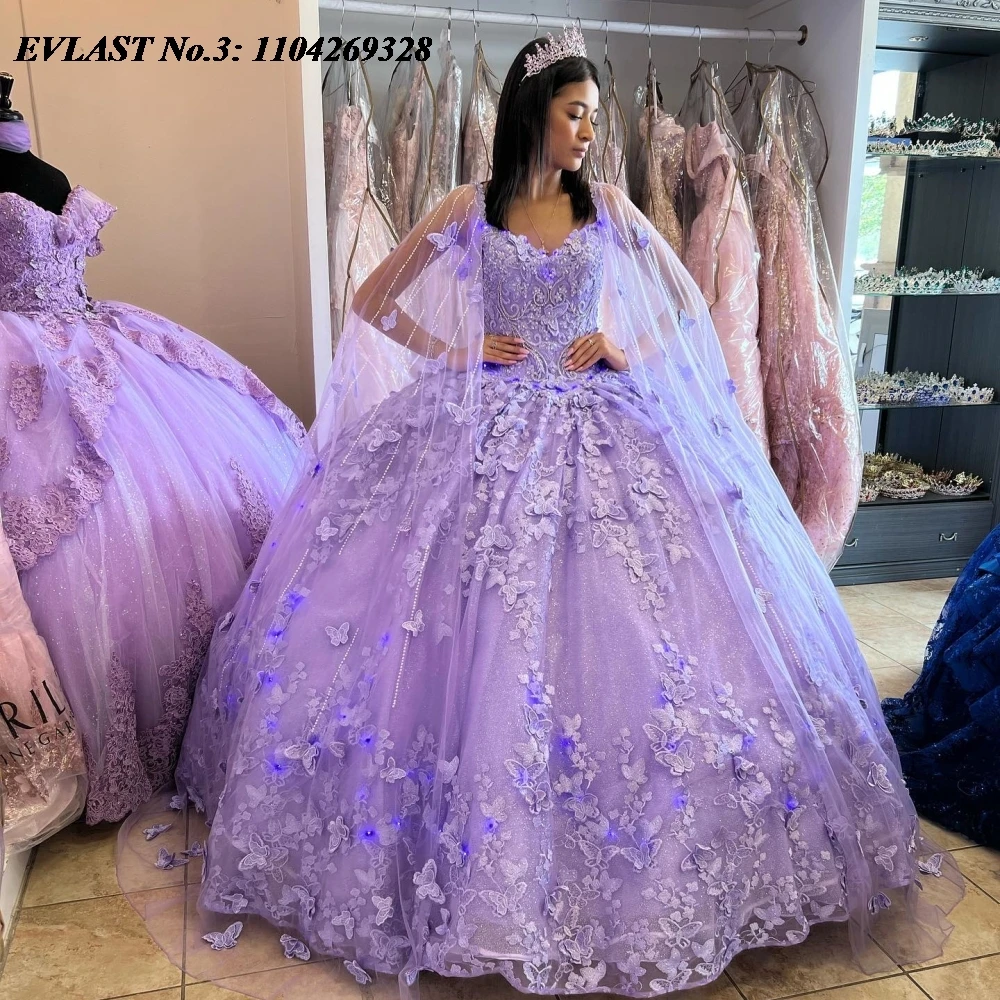 EVLAST Customized 2025 Lavender Quinceanera Dress Ball Gown Butterfly Applique Beading Cape Sweet 16 Vestido De 15 Anos E3Q490