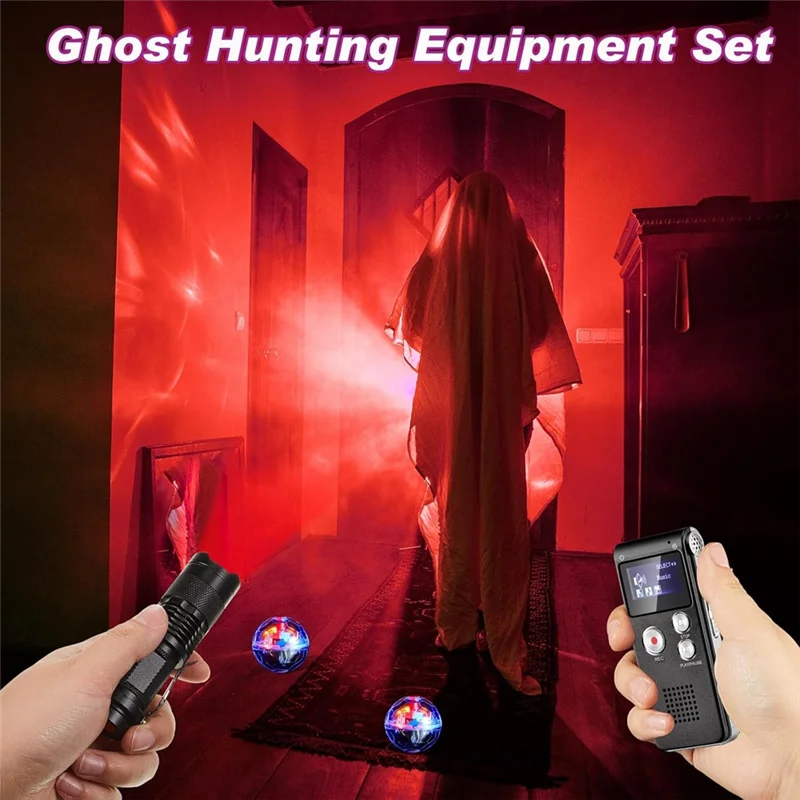 Kit de equipo paramanormal A76K, 4 Uds., 1 luz, linterna de visión nocturna, 1 grabadora de voz, 2 luces LED, bolas para gatos y mascotas