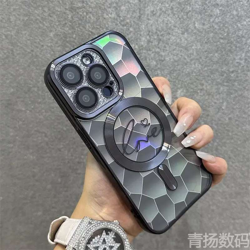 For iPhone15 case iPhone11 Laser Water Cube iPhone14promax Magnetic iPhone13 Drop resistant iPhone12 with lens film