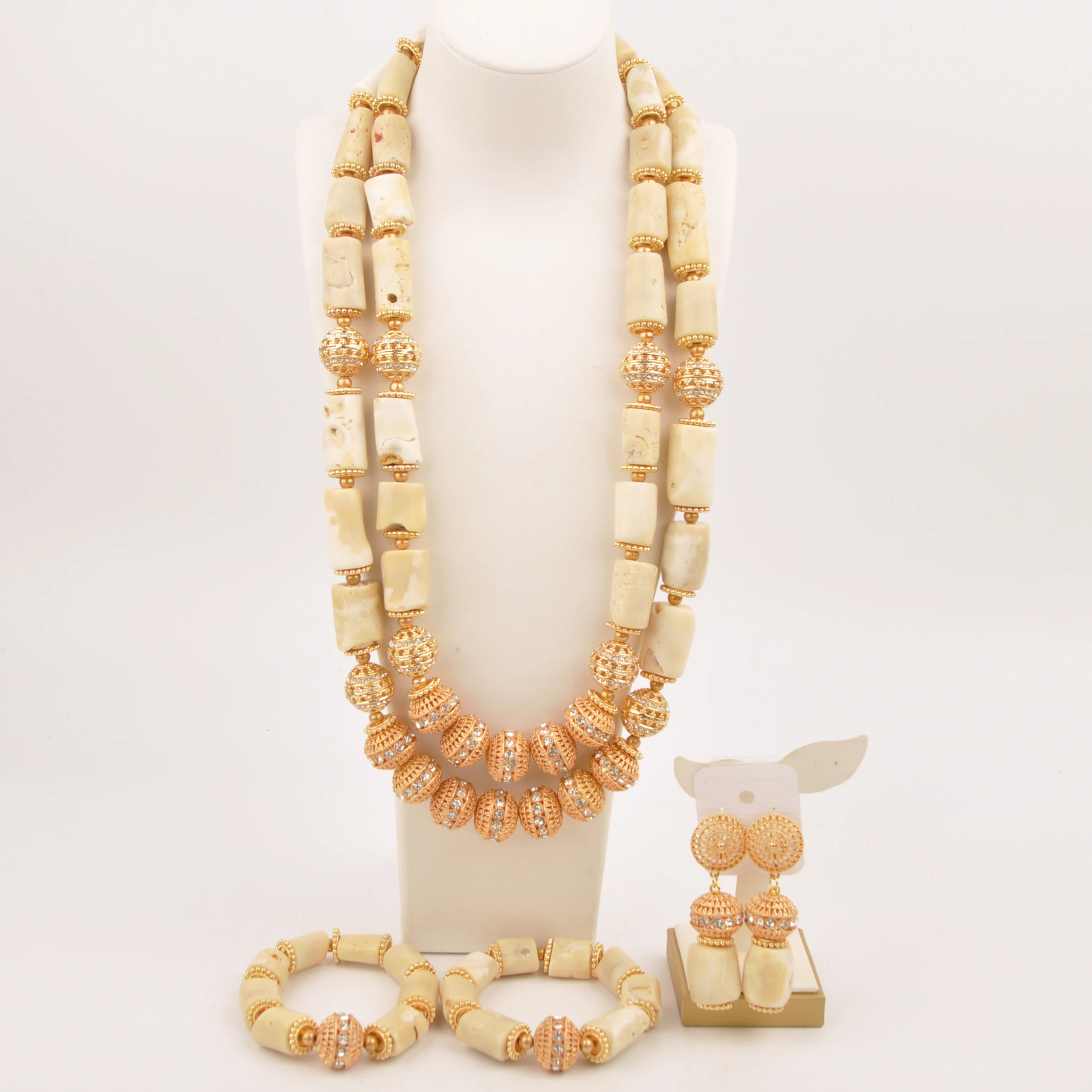 

28inches Double Layers White Coral Necklace Nigerian Wedding Beads African Jewelry Set