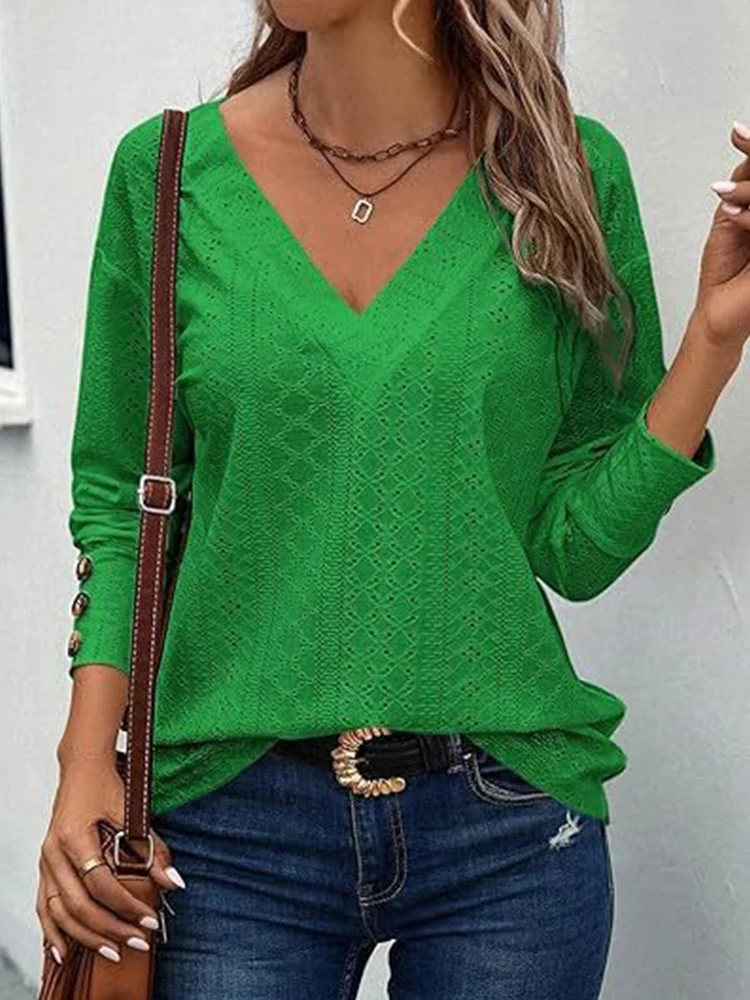 2024 Women Long Sleeve Hollow Out Shirts Cool V-neck Lace Ladies Pullovers Female Loose-fitting Solid Color Elegant Jumpers