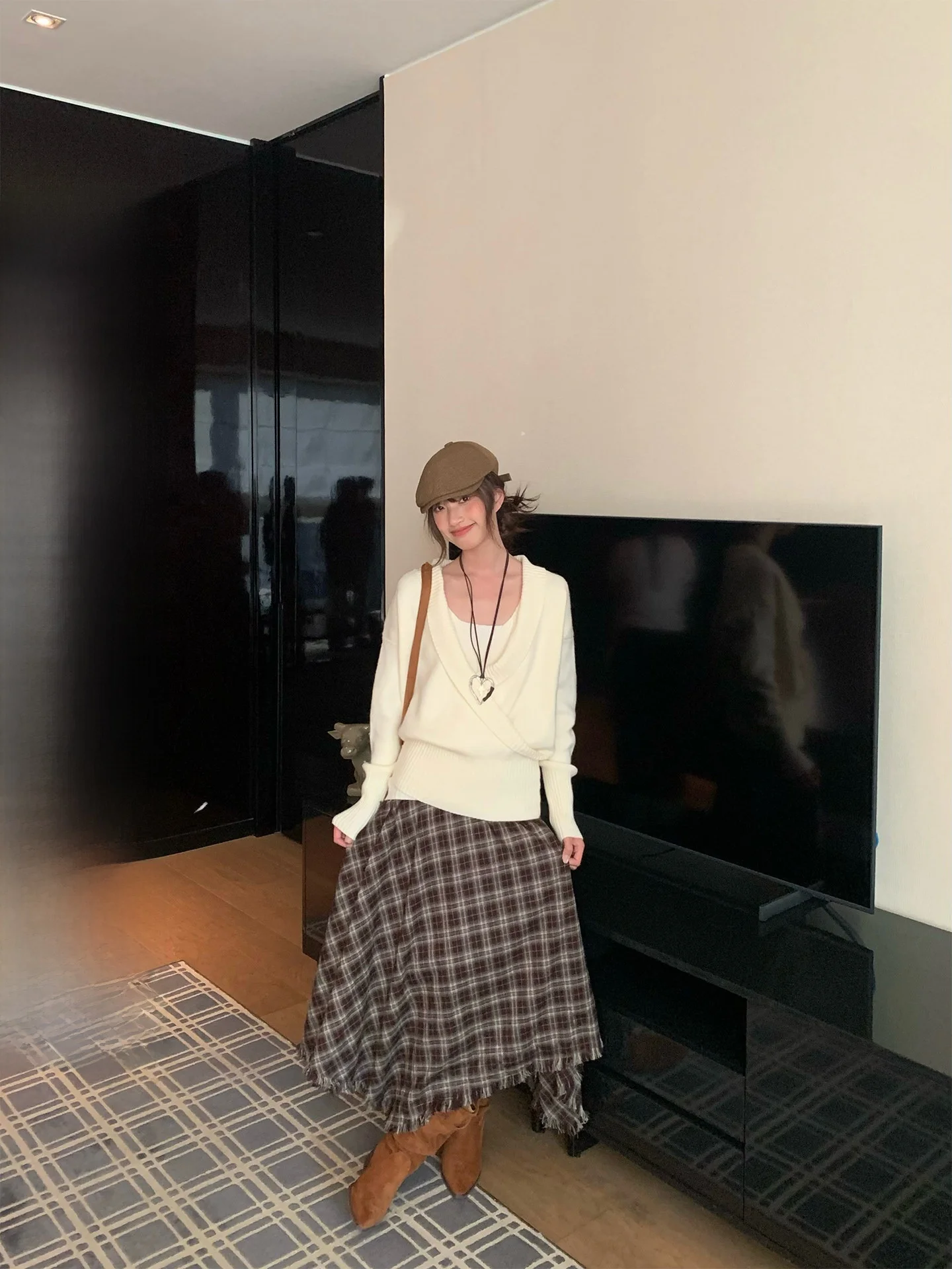 

Casual High Waist A-Line Skirt Women's Plaid Skirts Autumn Winter Cotton High Waist Flattering Asymmetrical Design