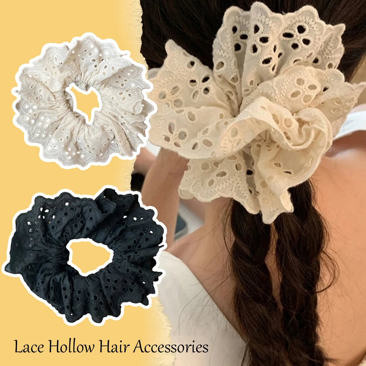 Hollow Lace Scrunchies Hair Ties Romantic Handmade Double Layer Flower Cotton Ponytail Women Hair Bands Fashion Accessories