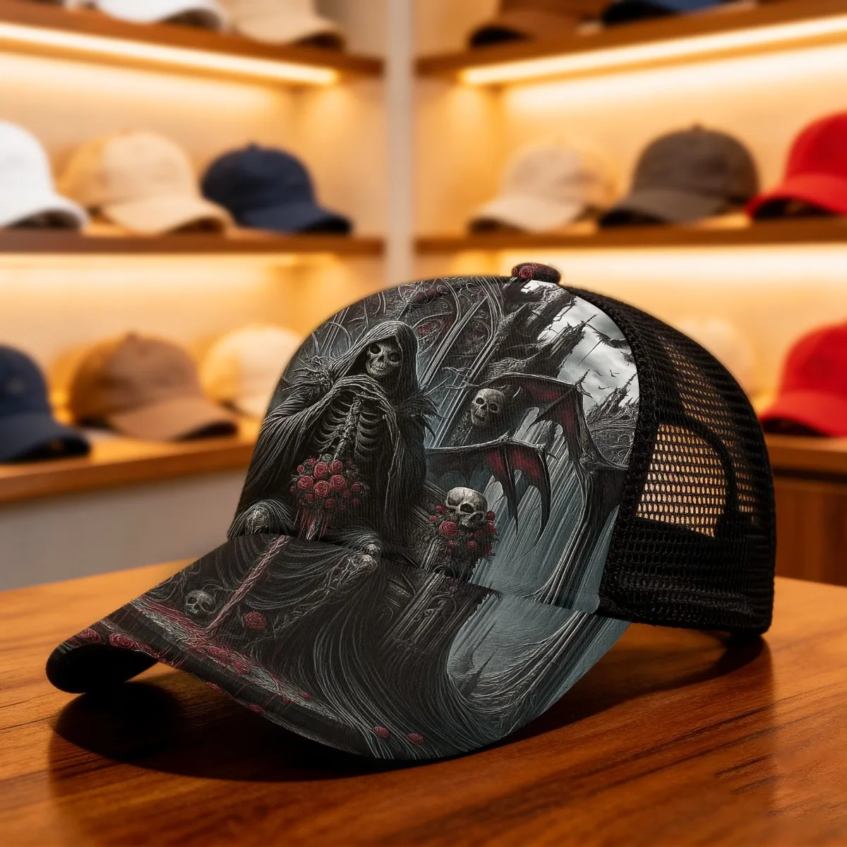 1pc Gothic Grim Reaper Throne Duckbill Hat with All-Over Print 5-Panel Mesh Cap Gothic Lightweight Suitable for Day