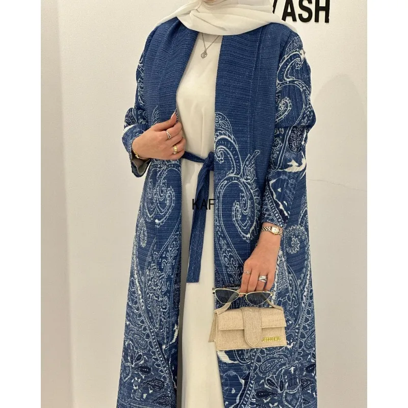 2024 Autumn New Women's Clothing Blue Printed Muslim Abaya Elegant Festival Clothing Long Sleeved Pleated Waistband Robe