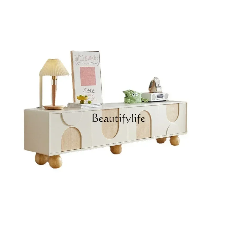

ls 18 -*Modern simple white TV cabinet pure solid wood French living room arch floor locker cream style