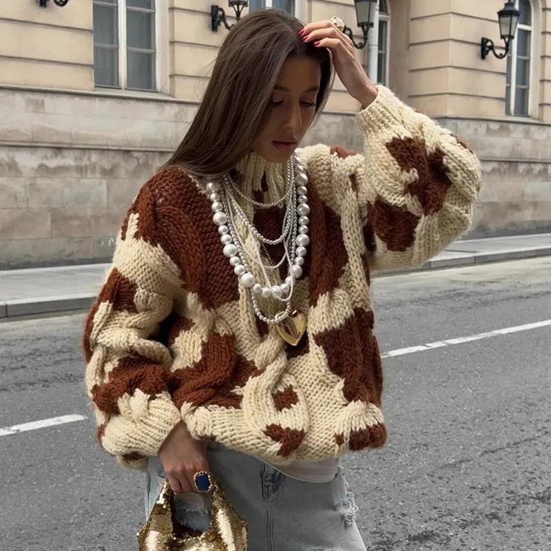 

Fashionable and Casual Style Loose and Versatile Color Blocking Printed Sweater for Women's 2025 Autumn and Winter New Pullover