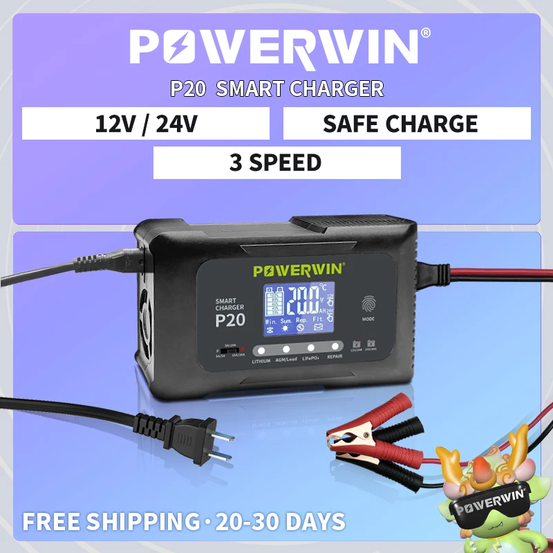 POWERWIN P20 Умное зарядное устройство для аккумулятора 20A 12V20A 24V10A автоматическое для LiFePO4 AGM свинцово-кислотный литиевый импульсный ремонт ЖК-дисплея BT100 BT200