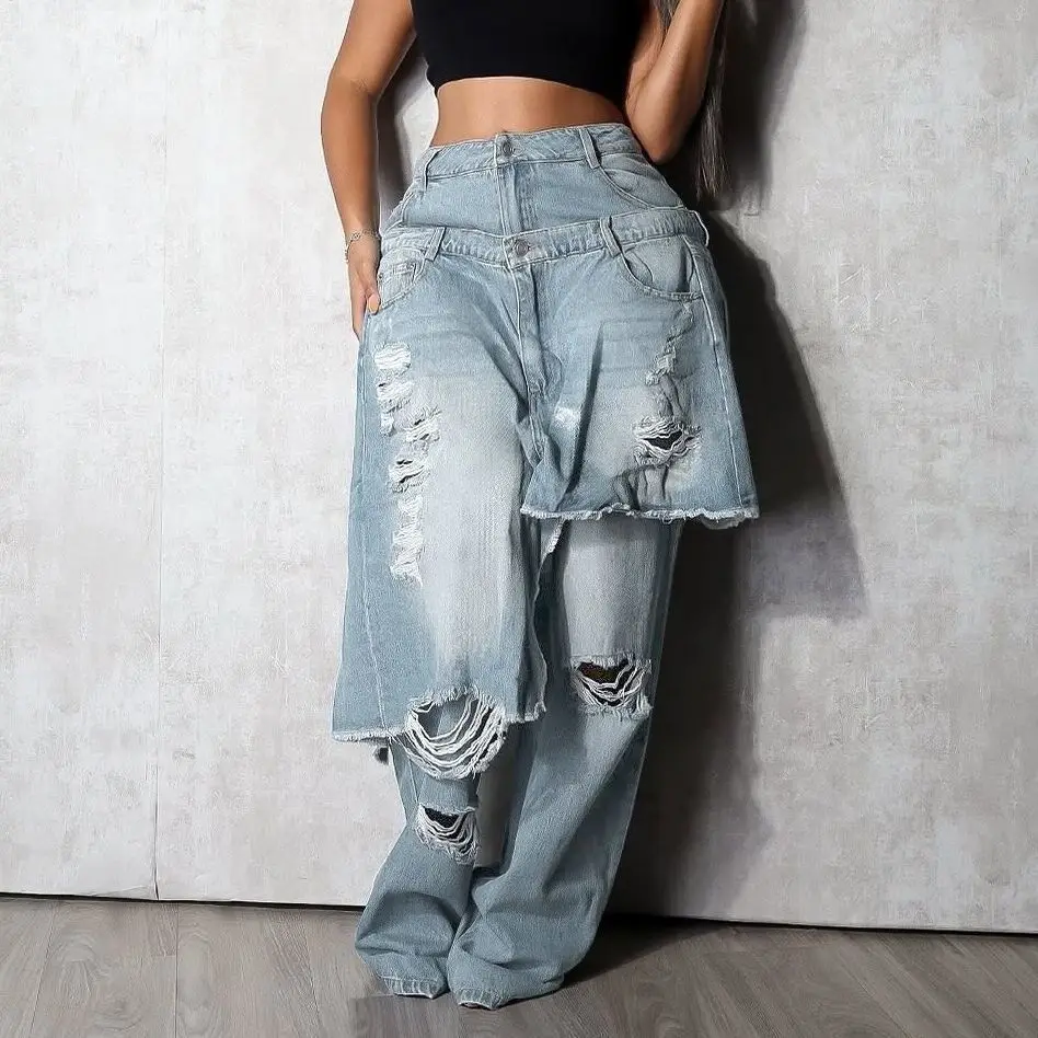 

Denim Pants Fashion Patchwork Women High Waist Button Fly Loose Straight Jeans Casual Streetwear Trousers Bottoms