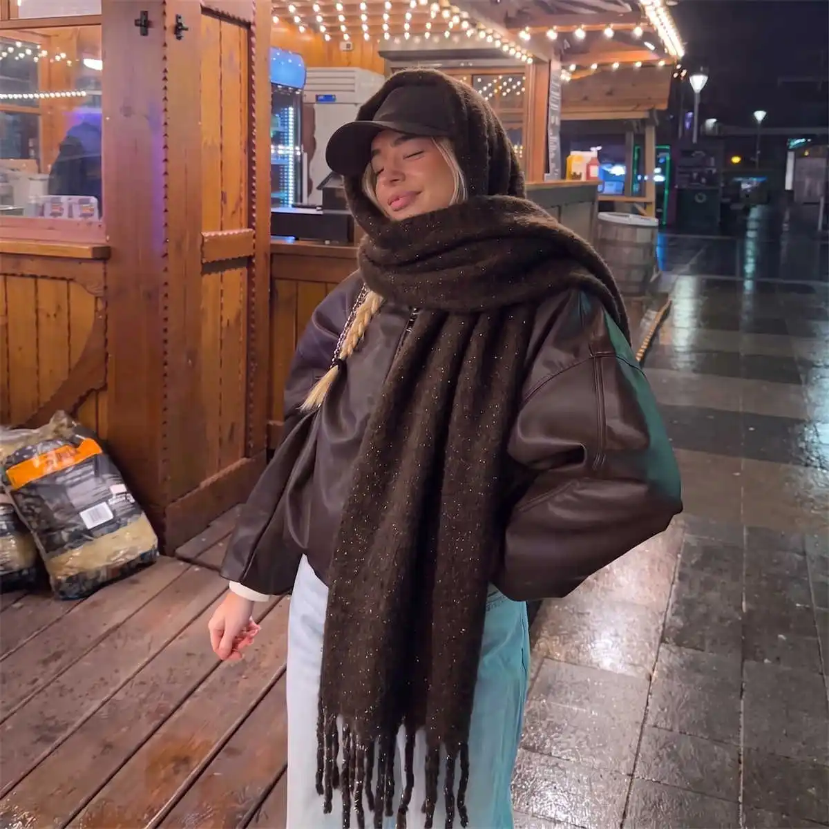 Winter Fringed Shawl Polyester Monofilament Glimmer Long Neck Scarf Flowy Texture For Winter Season Celebration Party Attire