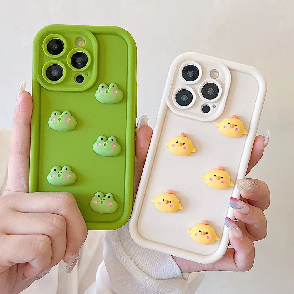 3D Cute Frog Chick Lens Protection Matte Silicone Phone Case For iphone 15 11 12 13 14 Pro Max 7 8 Plus X Xs 12 Mini Soft Cover