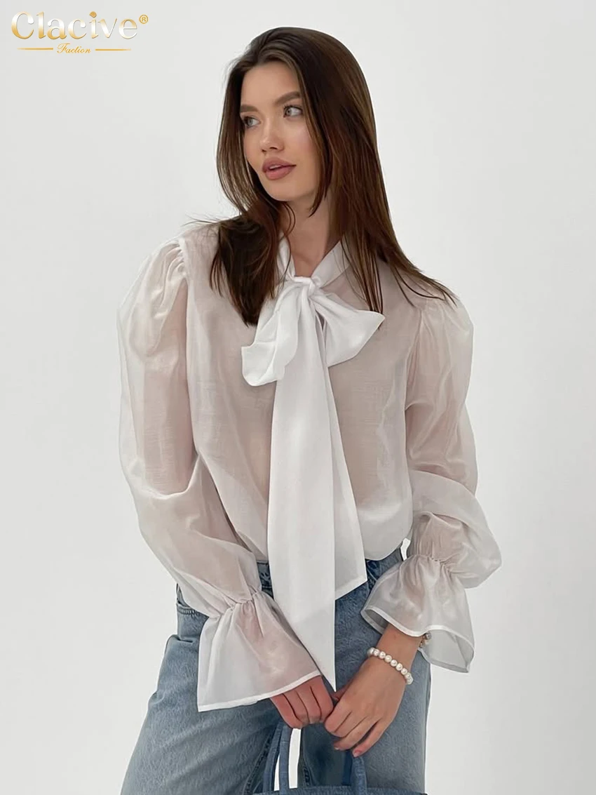 Clacive Sexy Loose White Women's Shirt 2026 Fashion Bow Collar Long Sleeve Shirts Elegant See Through Solid Top Female Clothing