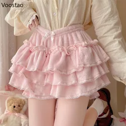 Harajuku Sweet Lolita Shorts Skirts Autumn Winter Plush Bloomers Y2k Japanese Kawaii Knickers Women Lace Bow Safety Short Pants