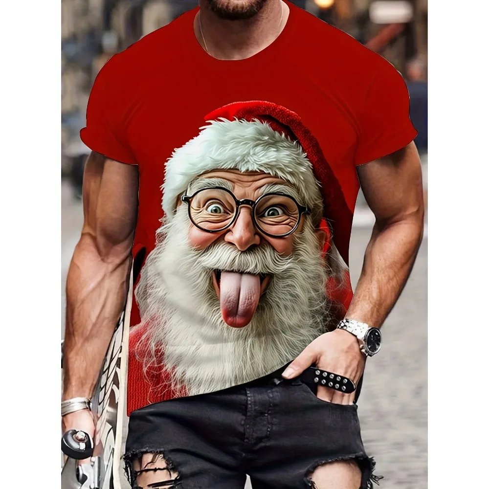 

Fun Santa Claus Printed Men's T-shirt Street Hip-Hop Christmas Elements Short Sleeved Tops Casual Fashion O-neck Unisex Clothing