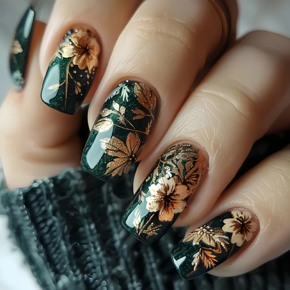 24 Stück/Set mittelgroße künstliche Nägel für Frauen und Mädchen, glänzend grün, goldene rote Blumen, Neujahr, quadratische Ballett-Nagelspitzen, zum Aufdrücken falscher Nägel