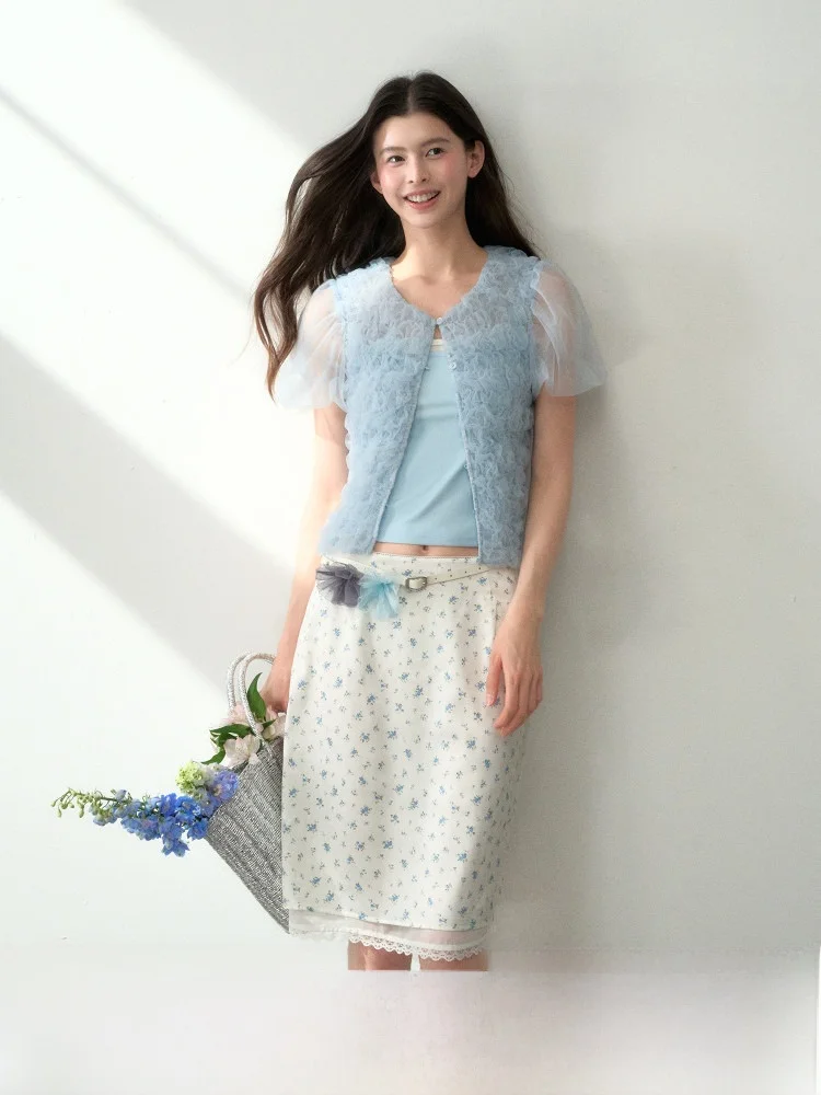 

Легкая шелковая прямая юбка миди для женщин, весна-лето, с цветочным кружевом, в стиле кантри, с завязками