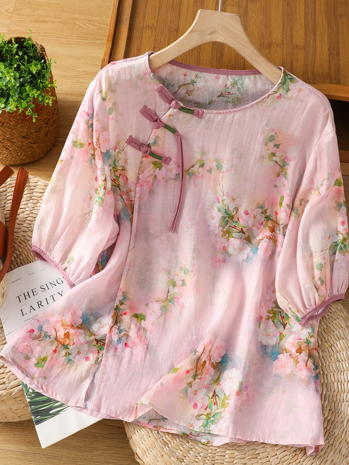 

Легкая круглая хлопково-льняная одежда с цветочным принтом, женская летняя художественная одежда большого размера в стиле дзен с мягким воротником irt