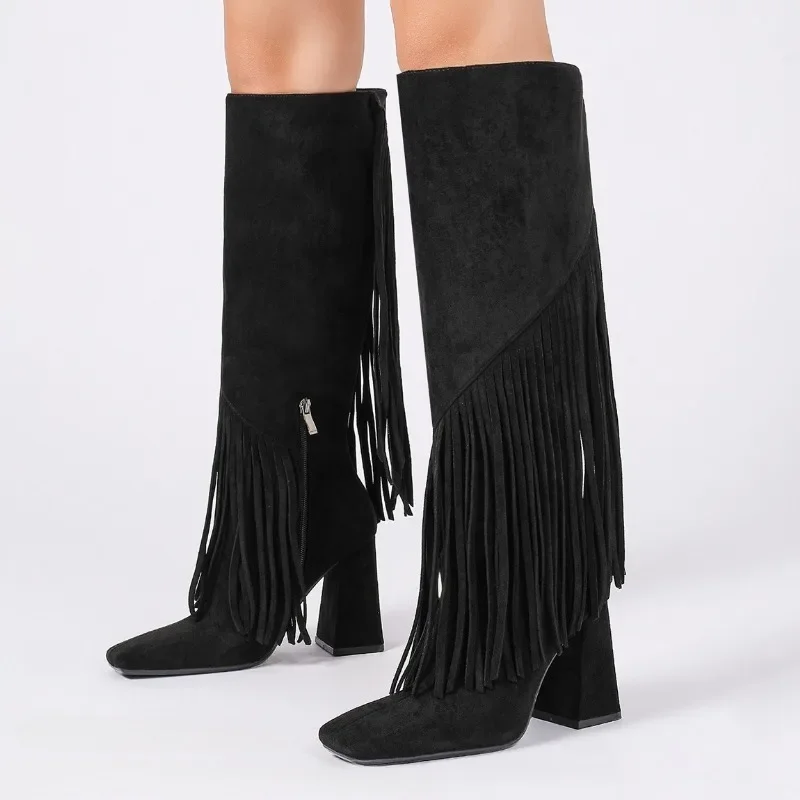 

Замшевые дизайнерские сапоги до колена с кисточками в стиле ретро, женские модные ковбойские сапоги на массивном каблуке и молнии, женские удобные туфли на каблуке с квадратным носком для вечеринок
