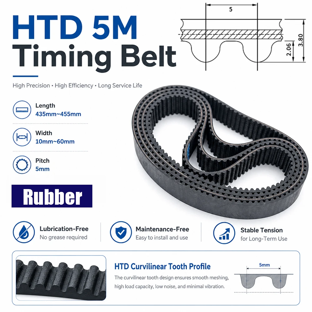 HTD 5M Rubber Closed Loop Timing Belt Width 10 12 15 20 25 30 35 40 45 50 60mm  HTD 5M Rubber Belt Length 435 440 445 450 455mm