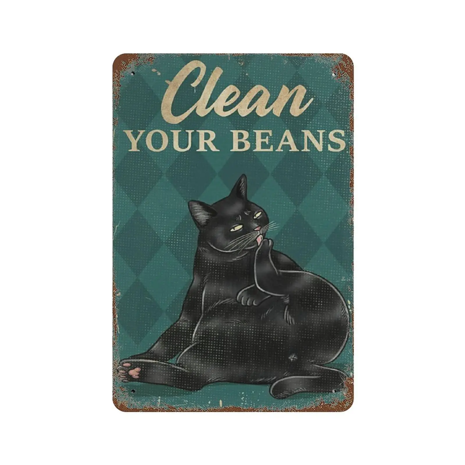 Vintage Metal Tin Sign Plaque,Clean Your Bean Funny Black Cat Meow Tin Sign,Man cave Pub Club Cafe Home Decor Plate，Birthday Ann