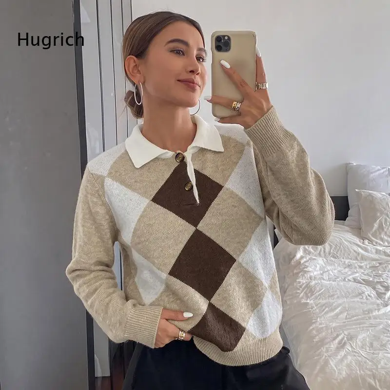 Women's Argyle Knit Polo Sweater Long Sleeve V-Neck Collar Pullover Beige Brown Geometric Pattern Casual Fall Winter Top