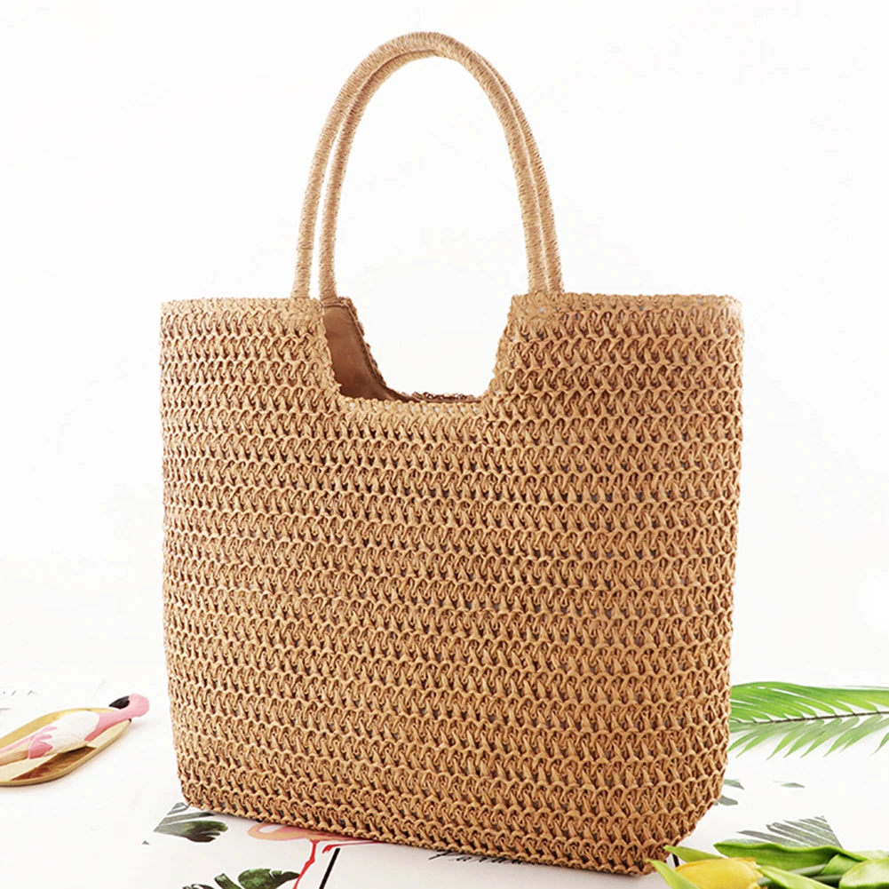 الصيف حقيبة حمل على الشاطئ للنساء القش حقائب كتف الرافية المنسوجة الكروشيه حقيبة يد المحافظ الروطان كبير السفر القش حقيبة تسوق